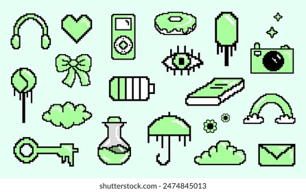 Cute mint green element set, pixel art 8 bit. Green game icons. Vector illustration