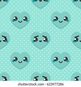 Cute Mint Green Japanese Style Heart Emoji Seamless Pattern Background.