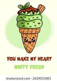 Cute mint ice cream poster. Kawaii style dessert vector Illustration.