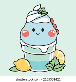 Cute mint lemon flavor with dinosaur head whipping cream and leaf.Animal character design.Kawaii food cartoon style.Fruit.Drink.Beverage.Vector.Illustration.