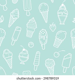 Cute mint seamless pattern with different types of ice cream. Vector illustration. Background for cafe menu, fabric and wrapping paper