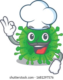 Cute minunacovirus cartoon character wearing white chef hat