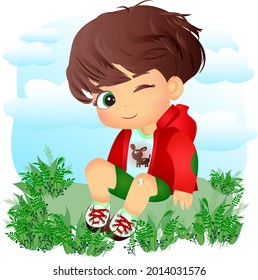 Cute mischievous boy sitting and resting on the grass. Vector illustration in cartoon childish style