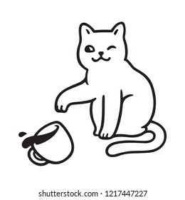 Cute mischievous cat throwing tea cup off table. Funny cats breaking things comic illustration, cartoon vector drawing.