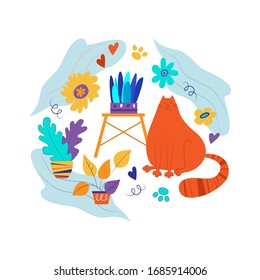 A cute, mischievous and contented cat sits near houseplants. Flower pots, indoor plants. Isolated flat illustration.
