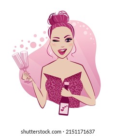 Cute, mischievous girl winks and offers to drink champagne, vector illustration in pink colors