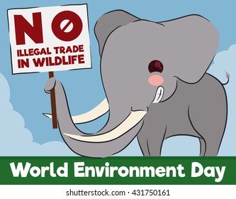 Cute mischievous smiling elephant with sign for animal rights and greeting message for World Environment Day.