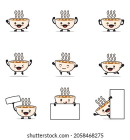 cute miso soup cartoon, japanese cuisine vector illustration, with happy facial expressions and different poses, isolated on a white background