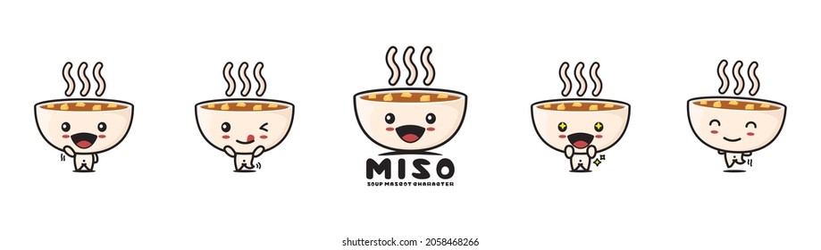 cute miso soup cartoon mascot, japanese cuisine vector illustration, with different facial expressions and poses, isolated on white background