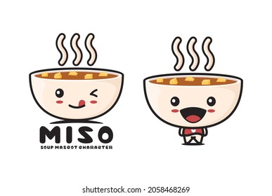 cute miso soup cartoon mascot, japanese cuisine vector illustration, suitable for logos, packaging labels, stickers, etc.
