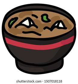 Cute miso soup with tofu illustration. Hand drawn Japanese food nori clipart. 