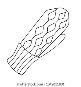 Cute mitten decorated with pattern in doodle sketch style. Isolated black outline. Hand drawn vector illustration on white. Cozy winter theme. Great for New Year and Christmas greeting card.