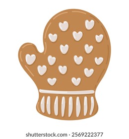 Cute mitten gingerbread cookie decorated with white icing hearts on festive design. Vector hand drawn illustration isolated on white background. Food Christmas concept