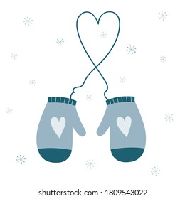 Cute  mittens with with heart and snowflakes. Winter vector illustration. Christmas card. Great design element for sticker, patch or poster. 