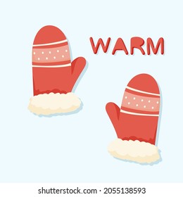 Cute mittens postcard with the inscription warm 