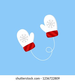 Cute mittens vector illustration icon. Winter, christmas, seasonal, knitted gloves, white and red mitten with snowflake on string. Isolated on blue background.