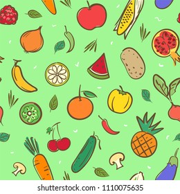 Cute mix fruits and vegetables  seamless pattern background vector format in hand drawing cartoon styles