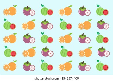 Cute mix fruits.Mangosteen ,orange and watermelon half slice pattern isolated on blue background.Design for screen fruity backdrop ,Healthy food wallpaper.Vector.Illustration.
