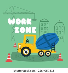 cute mixer truck vector illustration with work zone background