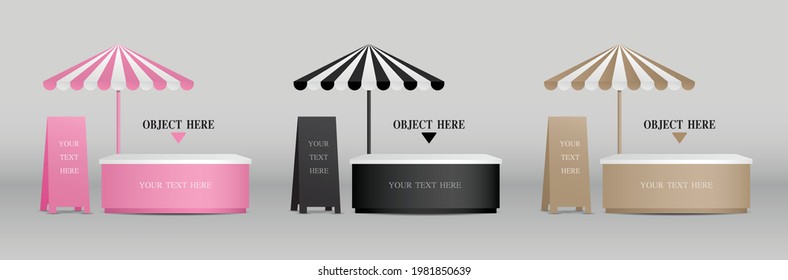 Cute mobile booth collection with parasol and signboard 3d illustration vector for putting your object