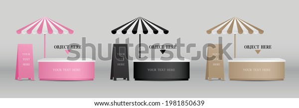 Cute mobile booth\
collection with parasol and signboard 3d illustration vector for\
putting your object