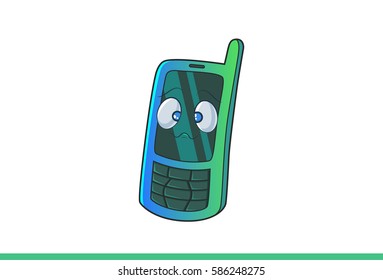 Cute Mobile Emoticon Sad. Vector illustration. Isolated on white background.