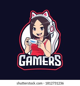 Cute Mobile Gamer Character Mascot Logo, Gamer Girl Cartoon Esport Logo Template