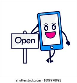 a cute mobile phone character with a happy expression leaning on a sign that reads shop open. monoline flat design. suitable for illustrations and stickers