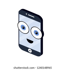 Cute mobile phone with a face in an isometric view. Eyes and mouth on the smartphone screen. Funny comical picture. Happy emotion on the glass gadget.
