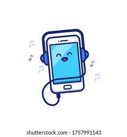 Cute Mobile Phone Listening Music With Headphone Cartoon Vector Icon Illustration. Music And Technology Icon Concept Isolated Premium Vector. Flat Cartoon Style