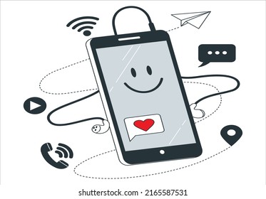 Cute Mobile Phone Listening Music With Headphone Cartoon Vector Icon Illustration. Music And Technology Icon Concept Isolated Premium Vector. Flat Cartoon Style. Vector flat line cartoon kawaii.