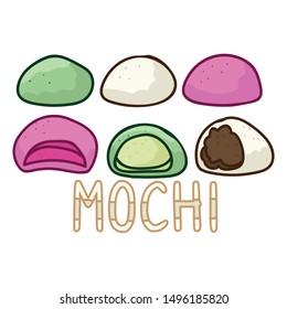Cute mochi assortment vector. Hand drawn traditional Japanese snack clipart. 