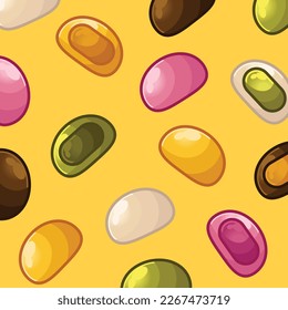 Cute mochi background. Seamless vector pattern for paper, wrapping, fabrics. cartoon flat design illustration art pastel colors on colorful background template.
