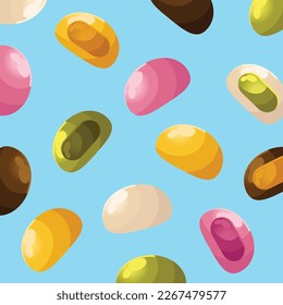 Cute mochi background. Seamless vector pattern for paper, wrapping, fabrics. cartoon flat design illustration art pastel colors on colorful background template.