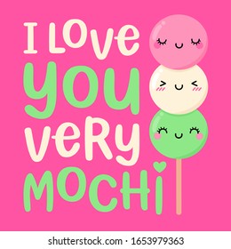 Cute mochi cartoon with pun quotes "I love you very mochi" for valentine's day card design.