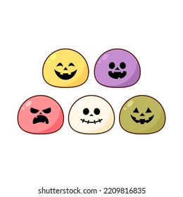 Cute Mochi cartoon vector. Mochi icon vector. Japanese rice dessert. Pumpkin face on Mochi vector. Mochi on Halloween day.