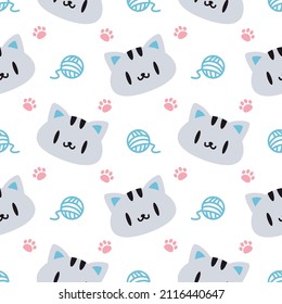 Cute Mochi Cat Seamless Pattern : Wool Ball, Kitty Paw