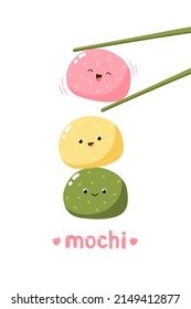 Cute mochi characters. Vector illustration of Japanese sweets and desserts. Kawaii print. Isolated on white background