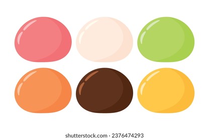 Platos de Mochi Daifuku con sabor único: postre de comida japonesa en fresa, vainilla, matcha, té verde, mango, naranja, chocolate, aromas de piña, batido icono de mate vector de doodle Ilustración aislada