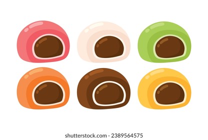 Cute Mochi Daifuku Single Flavor Set Japanese Food Dessert in Strawberry, Vanilla, Matcha, Green tea, Mango, Orange, Chocolate, Pineapple Flavors Matcha Icon Doodle Vector Illustration Isolated