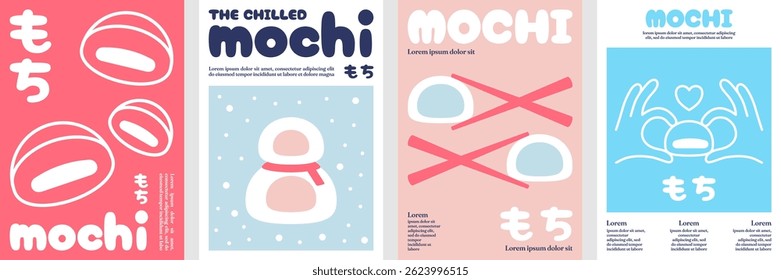 Cute mochi design templates with pastel colors and mochi word writen in Japanese that combines cheerful minimalist shapes and soft colors.