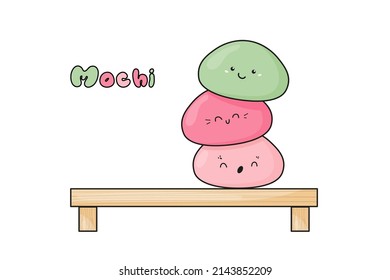Cute mochi funny characters with kawaii faces on wood. Japanese traditional rice dessert. Mochi vector illustration in doodle style solated on white background