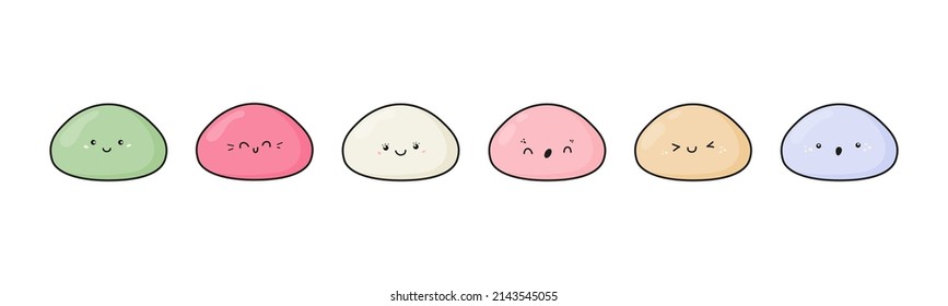 Cute mochi icon vector set. Cartoon characters with various kawaii faces. Japanese sweet rice dessert in pastel colors. Mochi logo illustration isolated on white background
