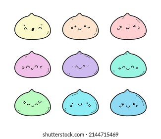 Cute mochi icon vector set. Cartoon pastel color characters with kawaii faces. Japanese sweet rice dessert in doodle style. Mochi logo illustration isolated on white background