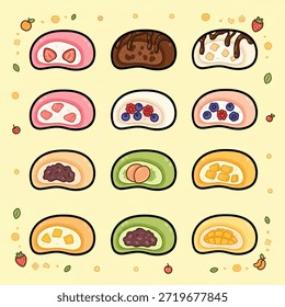 Cute mochi icon vector set. Cartoon characters with various flavors and toppings. Sweet Japanese rice dessert in pastel colors. Mochi logo illustration isolated on a white background.
