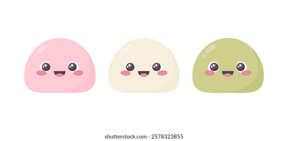 Cute mochi rice cake mascots set. Japanese sweet rice cake cartoon dessert. Vector illustration