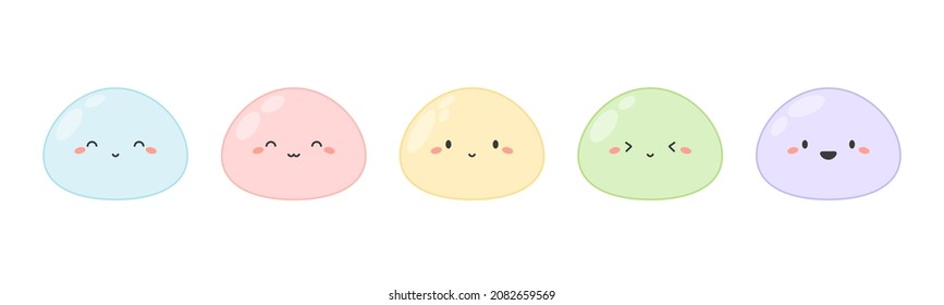 Cute Mochi Set. Cartoon Character With Kawaii Face, Japanese Dessert. Sweet Asian Food In Pastel Colors. Vector Isolated Illustration.