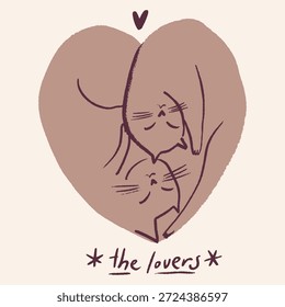 Lindo Moderno Abstractas Marrón Beige Paleta Gatos Humor Divertido Día de San Valentín Los Amantes Tarot Motivo Amor Corazón En Forma de Icono de Dibujos Animados Ilustración. Concepto de icono animal celestial estilo de dibujos animados planos aislados