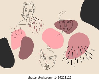 Cute modern abstract texture, continuous line portrait woman face, freehand geometric elements. 