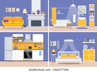 Cute modern apartment interior - living room, kitchen, bathroom, bedroom, house design. Vector illustration in flat style in purple in yellow.